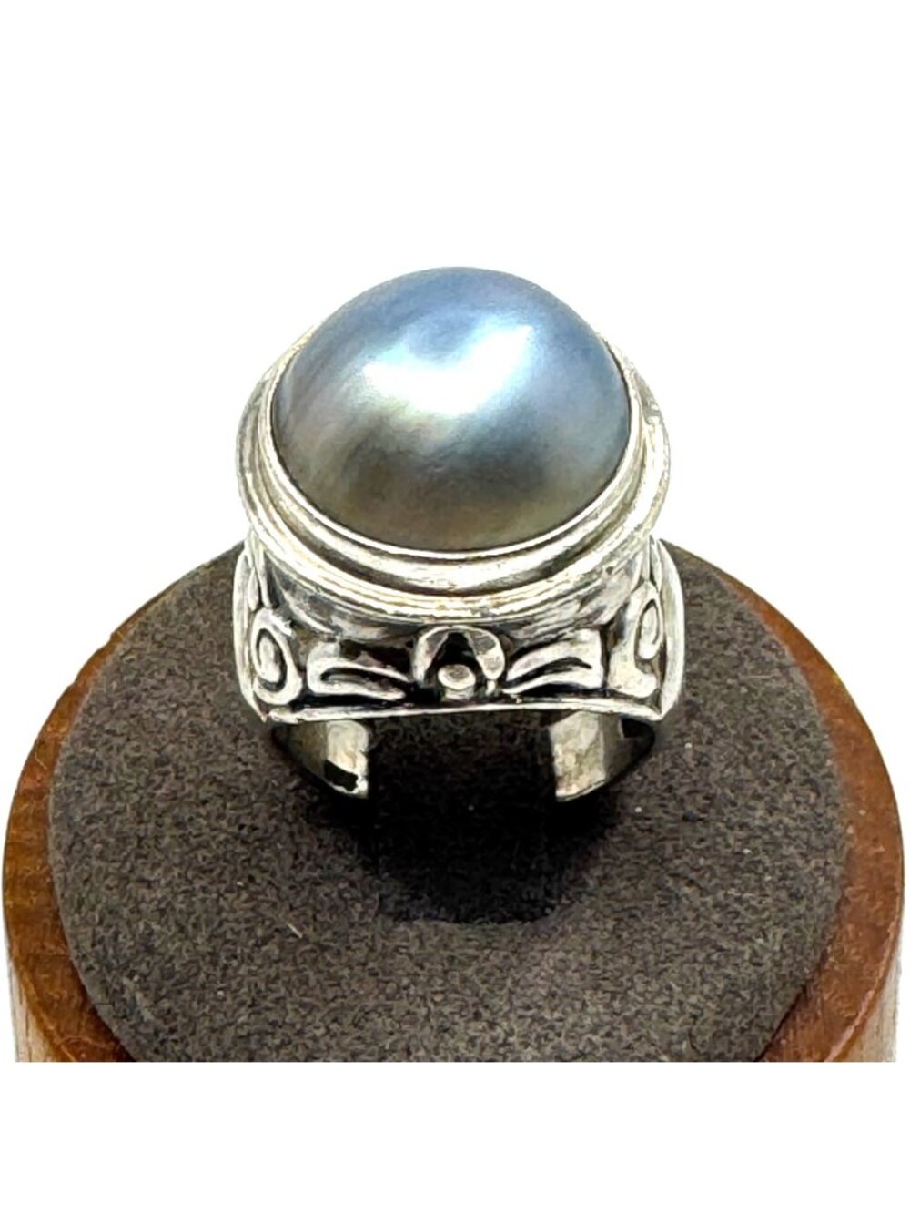 VTG Solid Sterling Silver 925 Grey Mobe Pearl Scroll Shoulders Ring Size 7